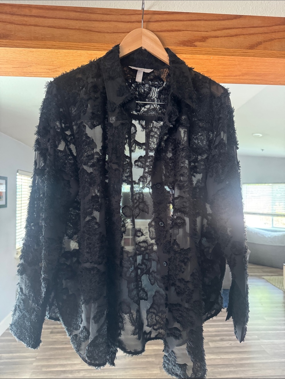 H&M Black Sheer Textured Button-Down Shirt